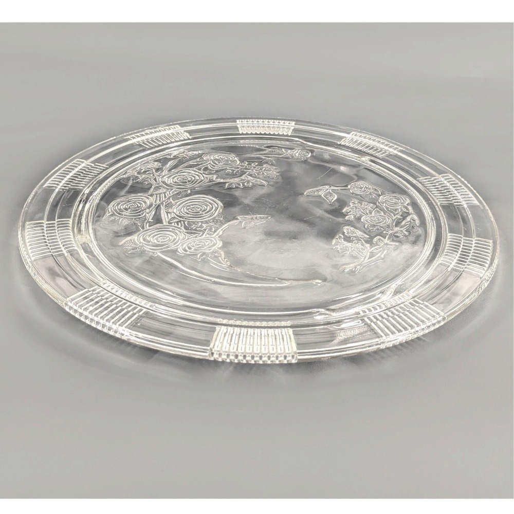 Vintage Jeannette Glass Rosemary Dutch Rose Clear 3-Footed Cake Plate 11.4in